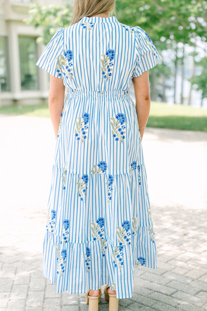 Vestido Maxi de Pétalos Plisados, Mezcla Azul