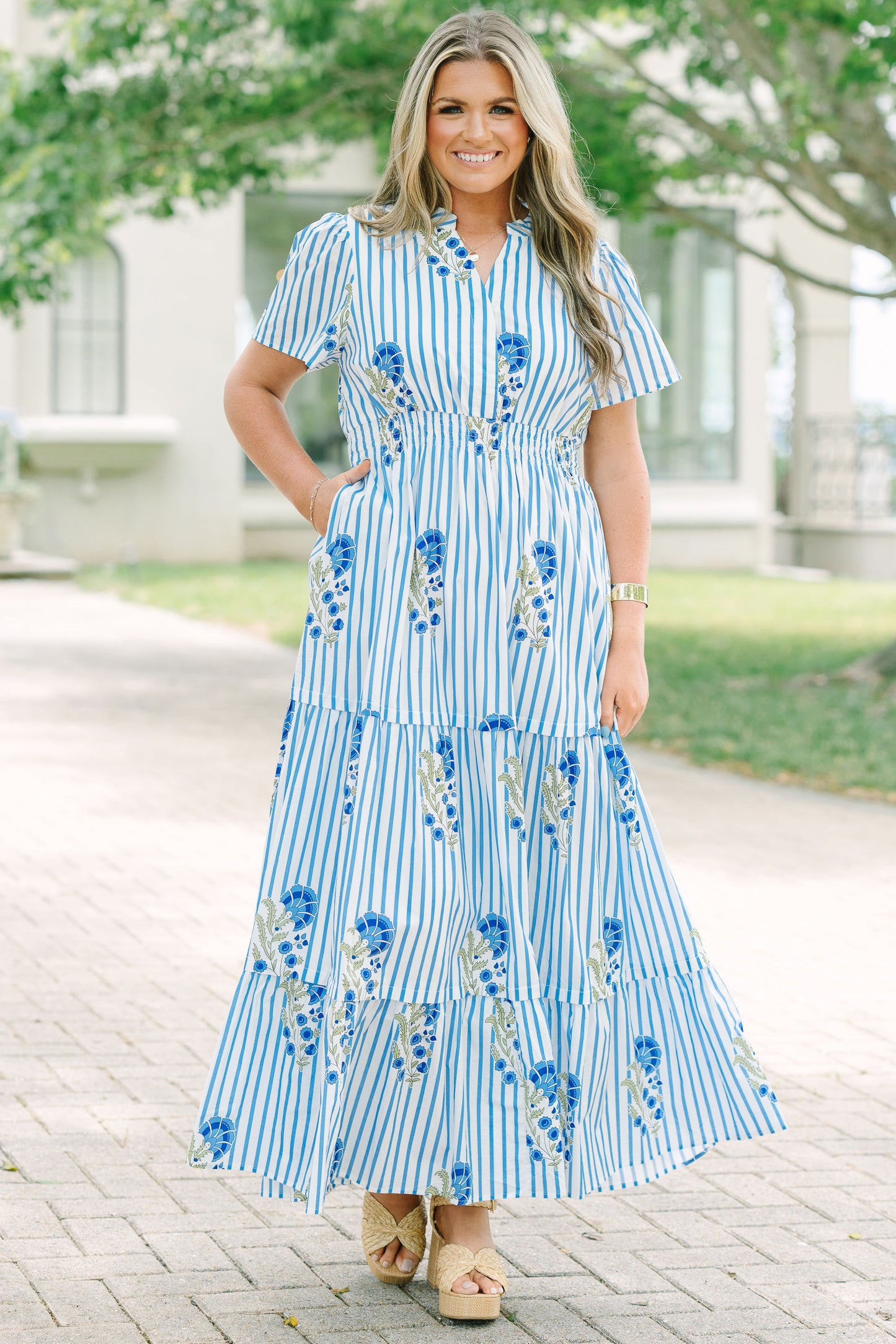 Vestido Maxi de Pétalos Plisados, Mezcla Azul