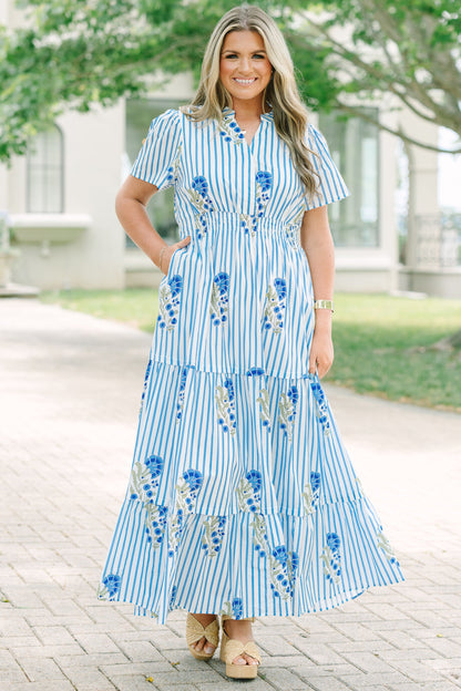 Vestido Maxi de Pétalos Plisados, Mezcla Azul
