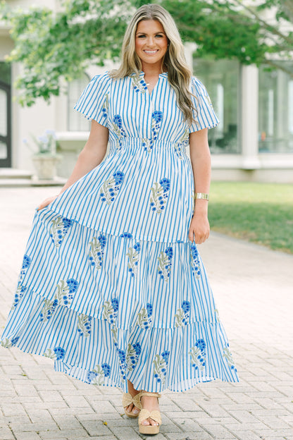 Vestido Maxi de Pétalos Plisados, Mezcla Azul