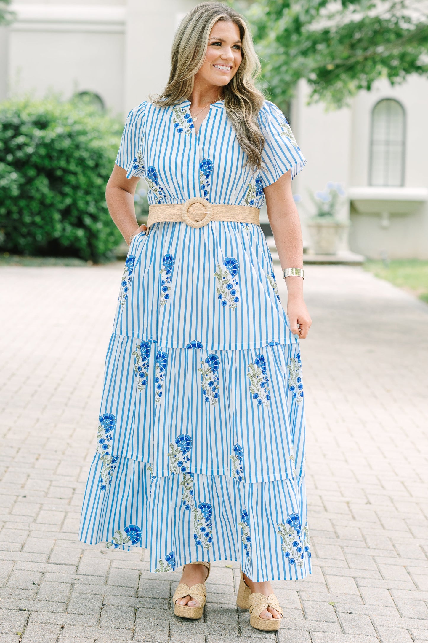 Vestido Maxi de Pétalos Plisados, Mezcla Azul
