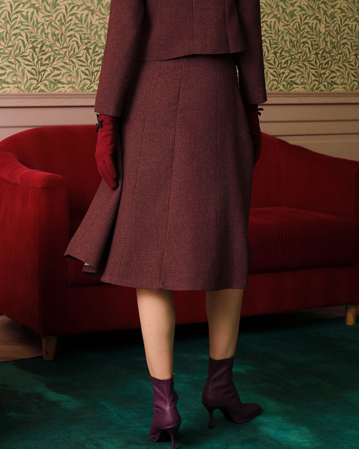 Falda de Tweed Burdeos de Cintura Alta