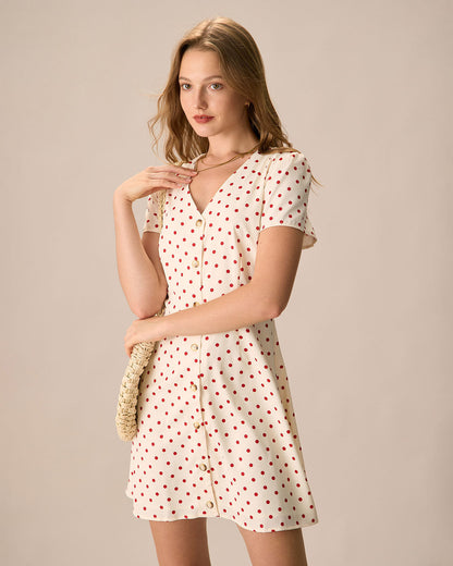 El Vestido Mini de Botones con Lunares Beiges