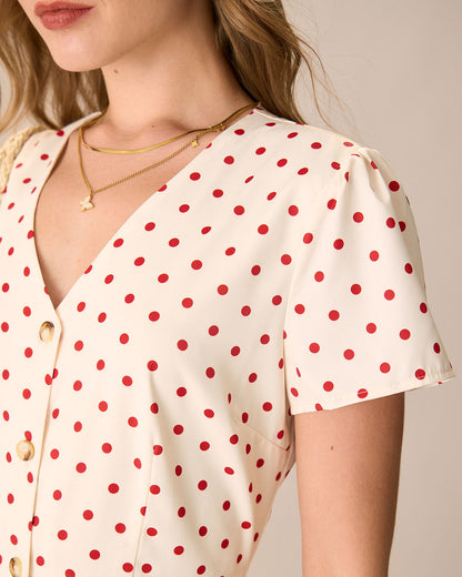 El Vestido Mini de Botones con Lunares Beiges
