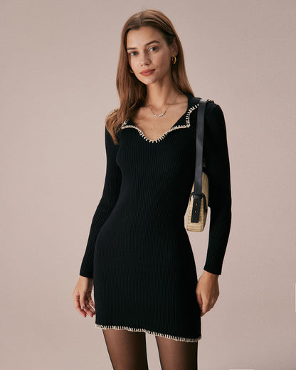 El Vestido Mini de Suéter con Costura en Contraste Negra