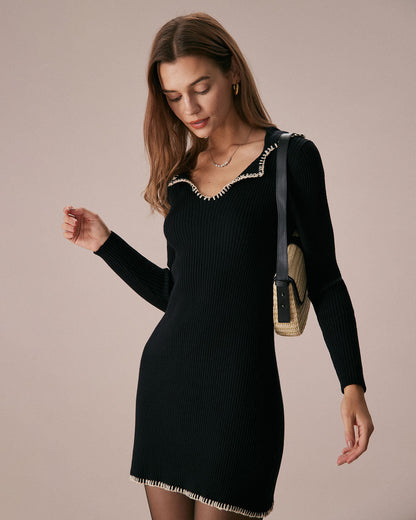 El Vestido Mini de Suéter con Costura en Contraste Negra