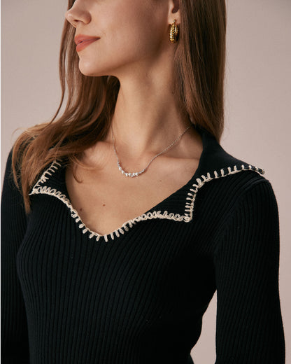 El Vestido Mini de Suéter con Costura en Contraste Negra