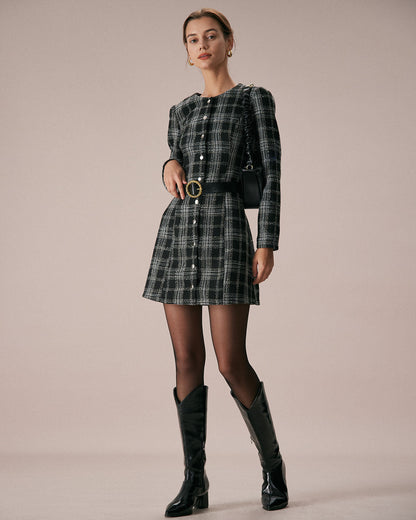 El Vestido Mini A-Line de Cuello Redondo a Rayas Negros