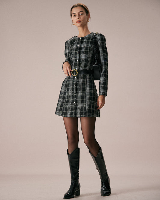 El Vestido Mini A-Line de Cuello Redondo a Rayas Negros