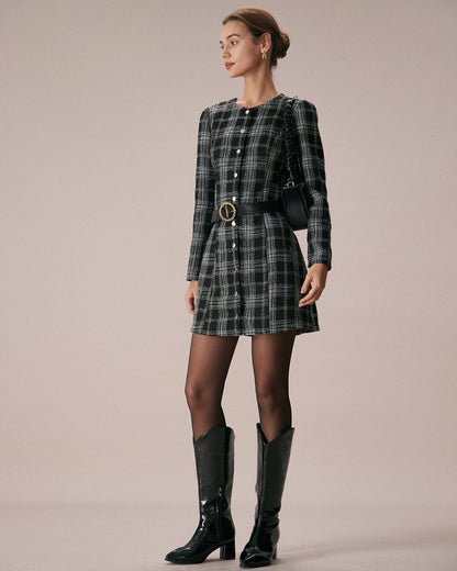 El Vestido Mini A-Line de Cuello Redondo a Rayas Negros
