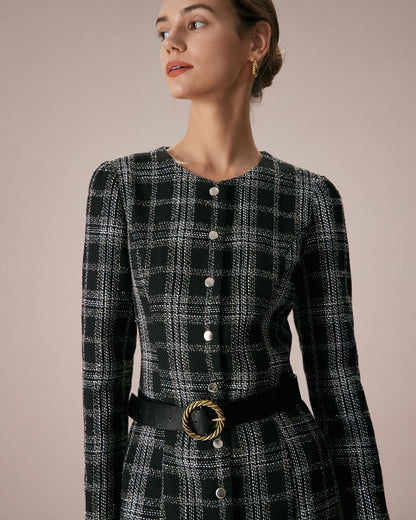 El Vestido Mini A-Line de Cuello Redondo a Rayas Negros