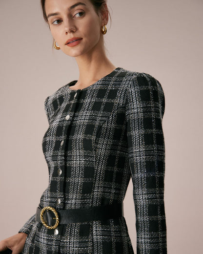 El Vestido Mini A-Line de Cuello Redondo a Rayas Negros