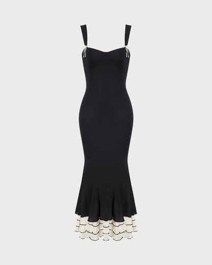 El Vestido Largo Ajustado de Tirantes con Escote Corazón Negro