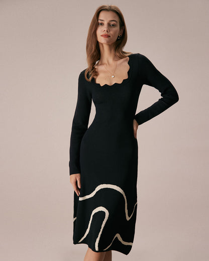 El Vestido Midi de Suéter con Olas Negras