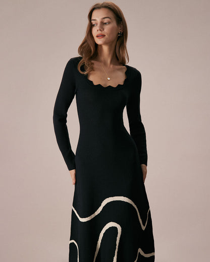 El Vestido Midi de Suéter con Olas Negras