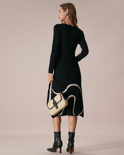 El Vestido Midi de Suéter con Olas Negras