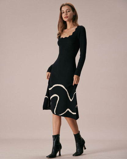 El Vestido Midi de Suéter con Olas Negras
