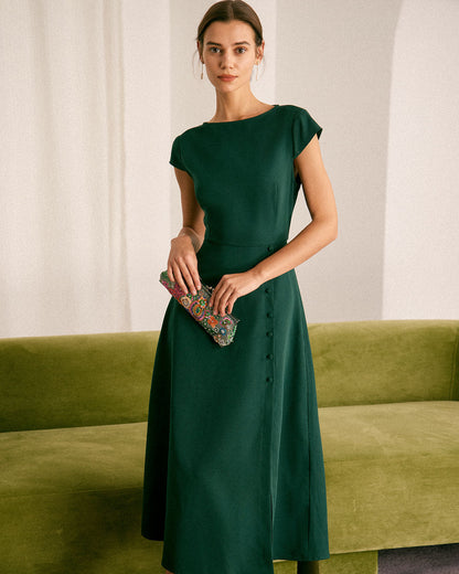 El Vestido Midi con Corte en la Espalda y Cuello Barco Verde