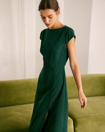 El Vestido Midi con Corte en la Espalda y Cuello Barco Verde
