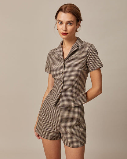 La Blusa de Cuello en V de Gingham Marrón de Manga Corta