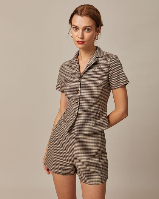 La Blusa de Cuello en V de Gingham Marrón de Manga Corta