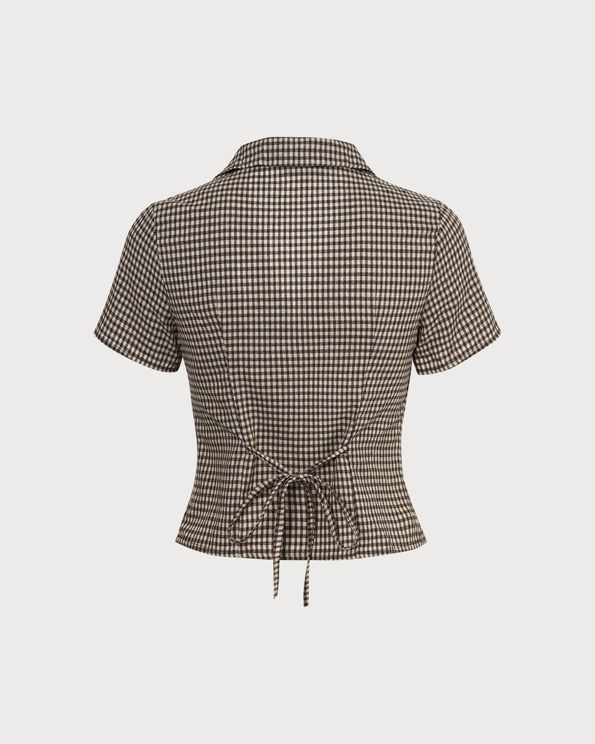 La Blusa de Cuello en V de Gingham Marrón de Manga Corta