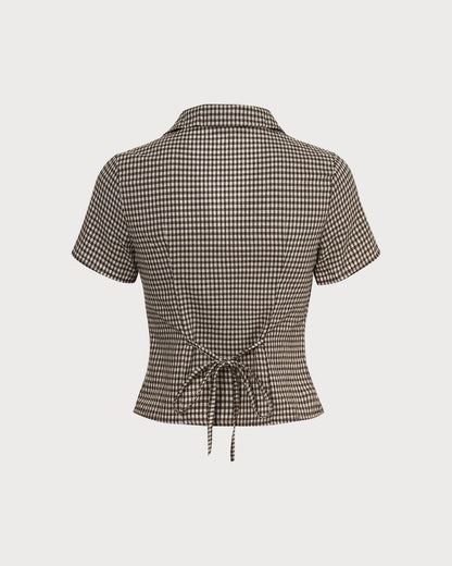 La Blusa de Cuello en V de Gingham Marrón de Manga Corta