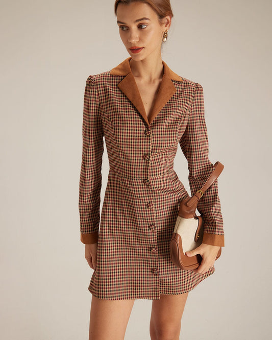 El Vestido Mini de Suede a Cuadros Marrón