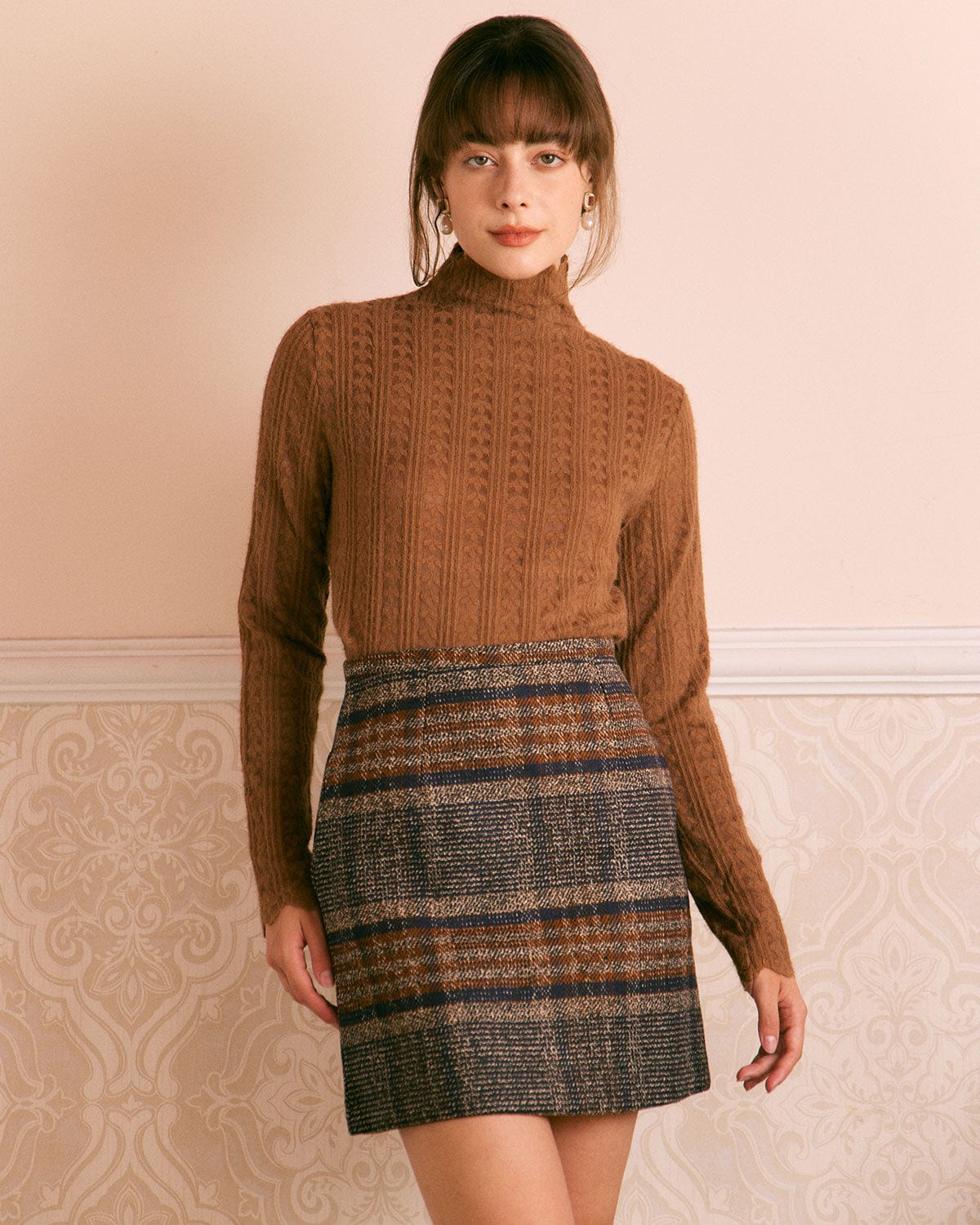 La Falda Mini Rayada de Cintura Natural Marrón