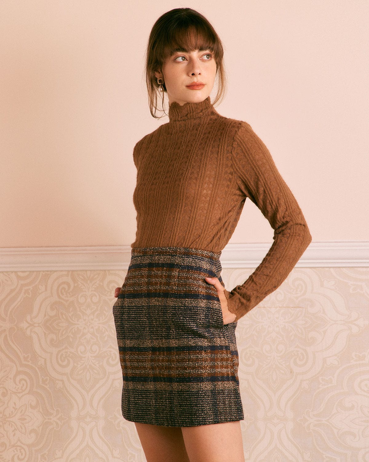 La Falda Mini Rayada de Cintura Natural Marrón