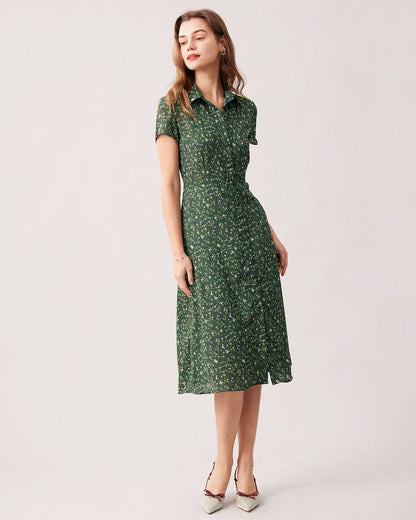 El Vestido Midi Floral con Botones en el Cuello Verde