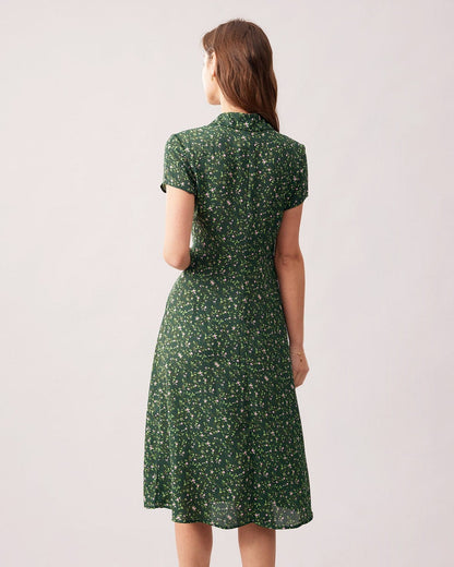 El Vestido Midi Floral con Botones en el Cuello Verde