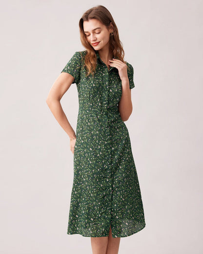 El Vestido Midi Floral con Botones en el Cuello Verde