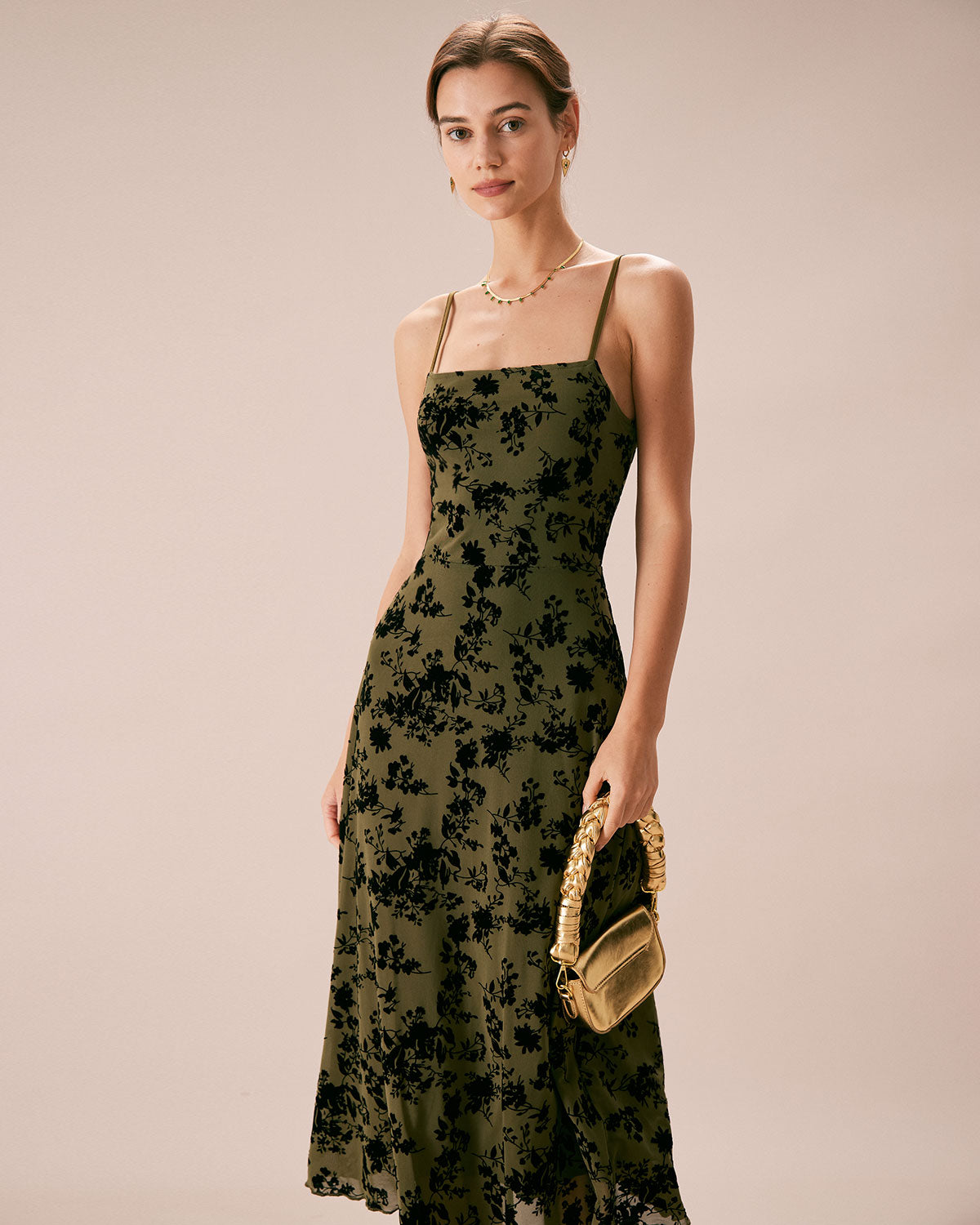 El Vestido Midi A-Line de Quemado Floral Verde