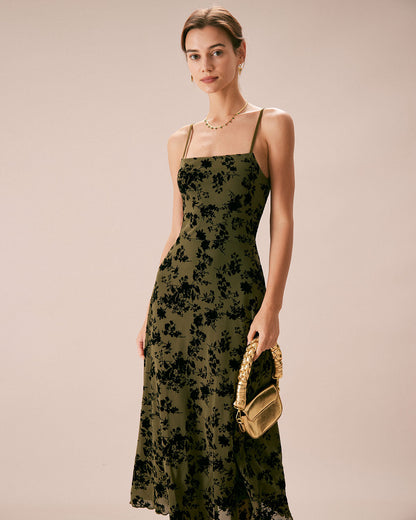 El Vestido Midi A-Line de Quemado Floral Verde