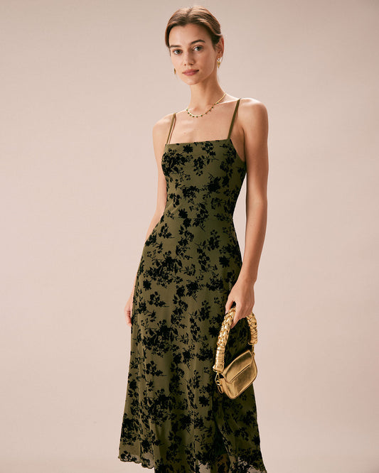 El Vestido Midi A-Line de Quemado Floral Verde