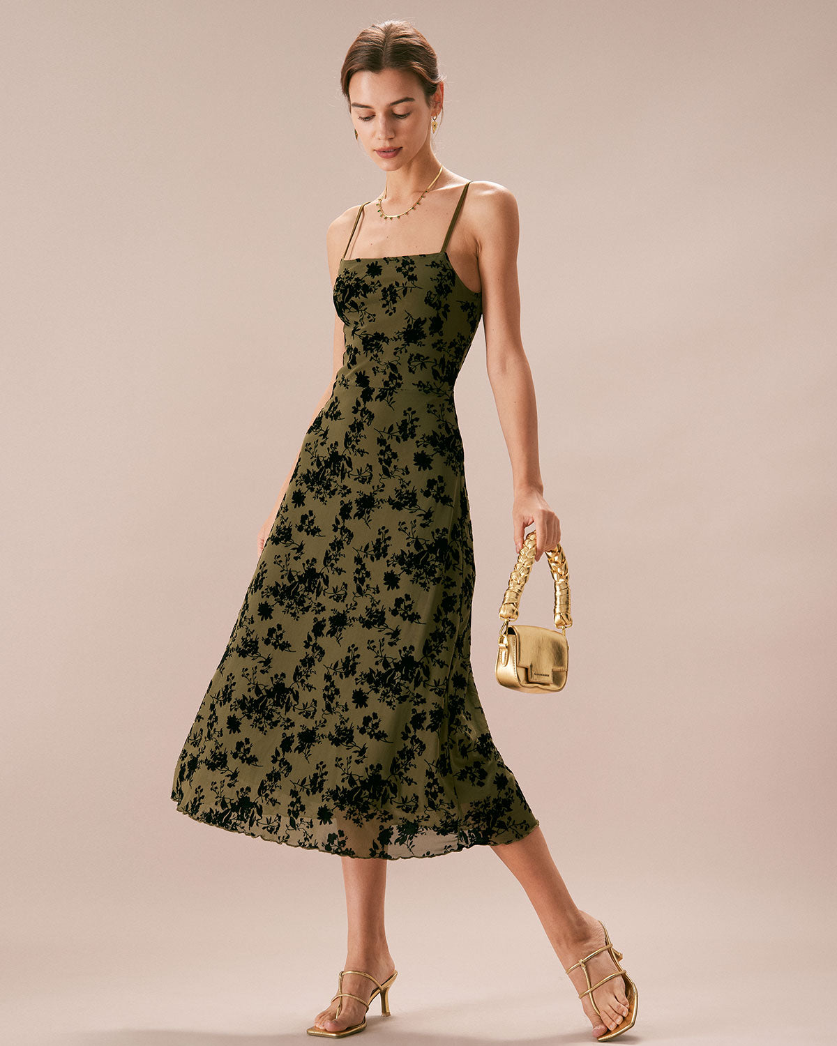 El Vestido Midi A-Line de Quemado Floral Verde