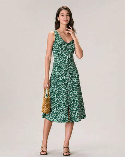 El Vestido Midi Floral Verde con Escote en V