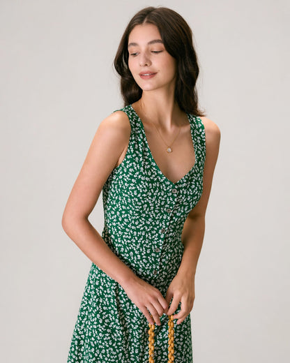 El Vestido Midi Floral Verde con Escote en V