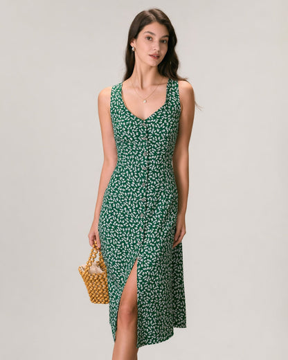 El Vestido Midi Floral Verde con Escote en V