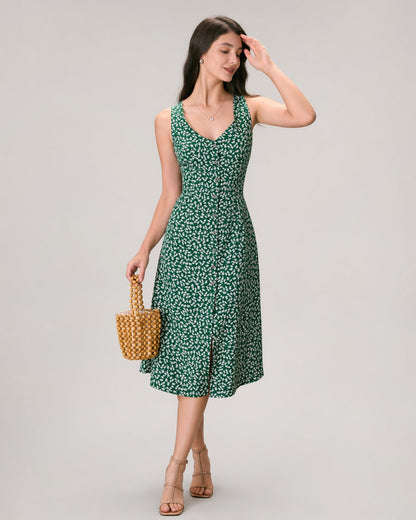 El Vestido Midi Floral Verde con Escote en V