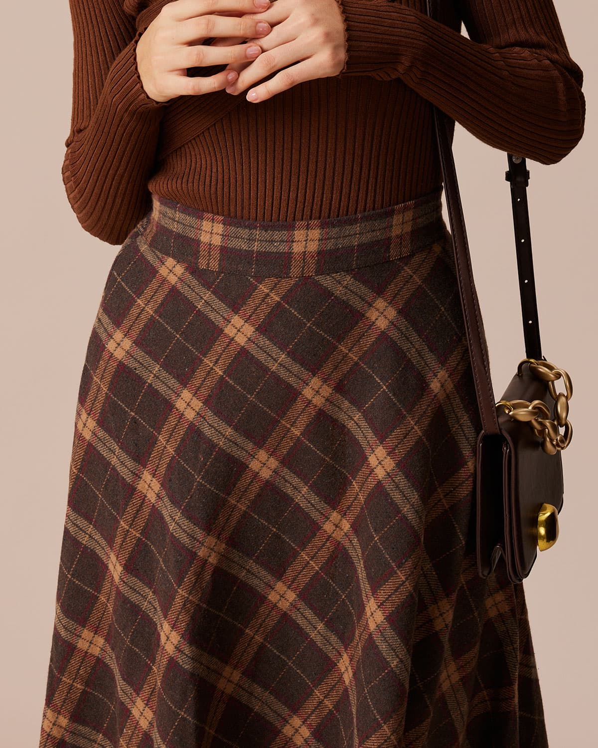 La Falda Midi A-Line de Cuadros con Cintura Elástica Marrón