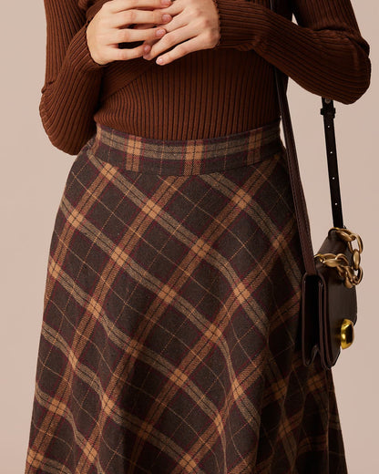 La Falda Midi A-Line de Cuadros con Cintura Elástica Marrón