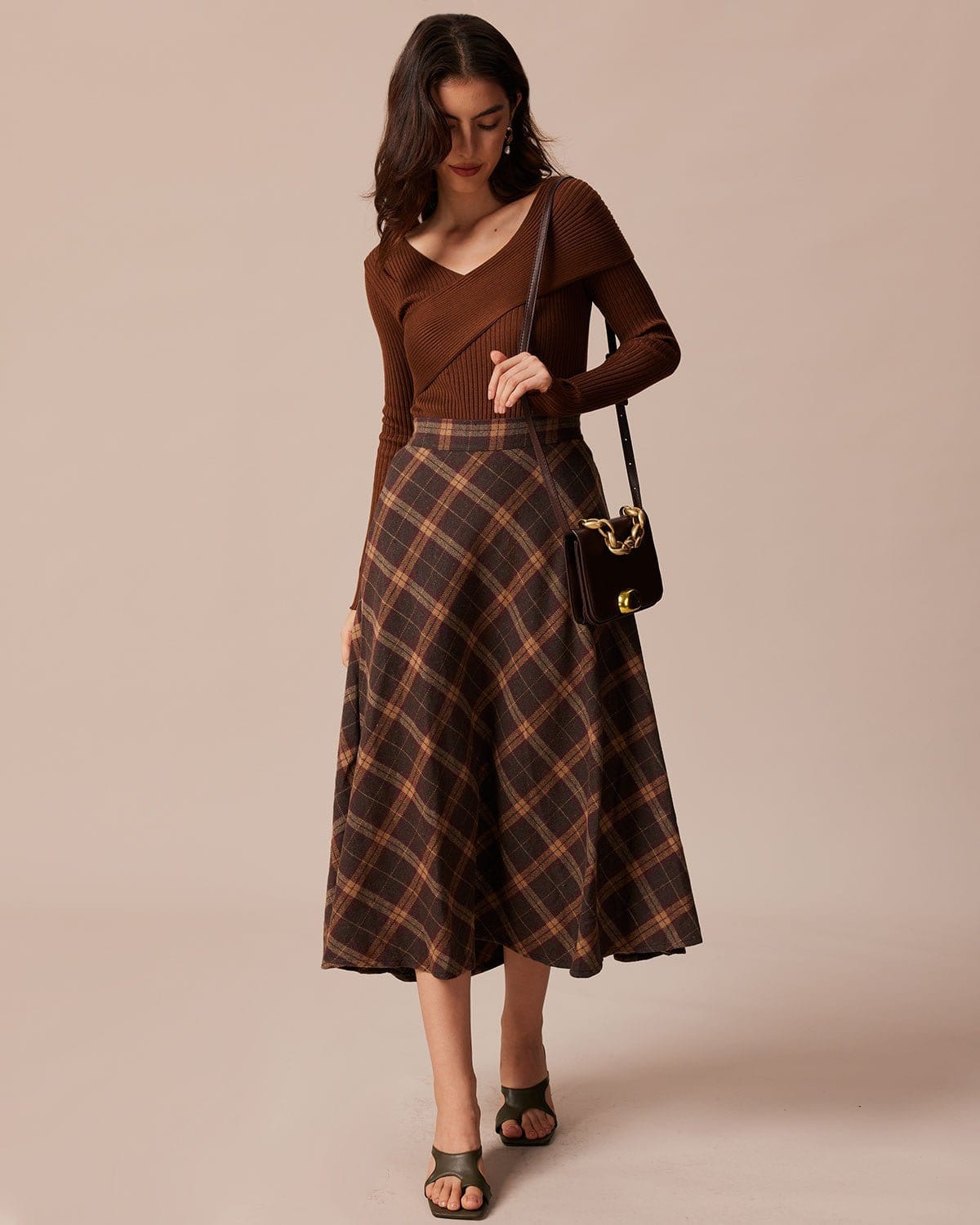 La Falda Midi A-Line de Cuadros con Cintura Elástica Marrón