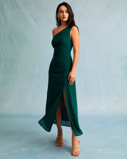 El Vestido Maxi Sin Mangas Verde de Un Hombro