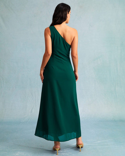 El Vestido Maxi Sin Mangas Verde de Un Hombro