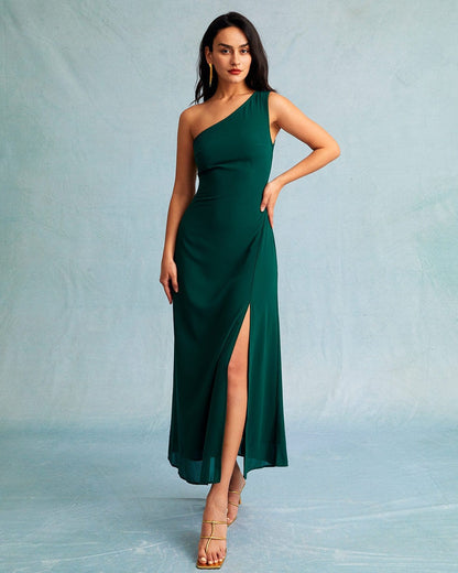 El Vestido Maxi Sin Mangas Verde de Un Hombro