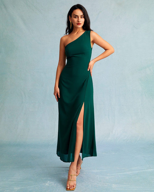 El Vestido Maxi Sin Mangas Verde de Un Hombro