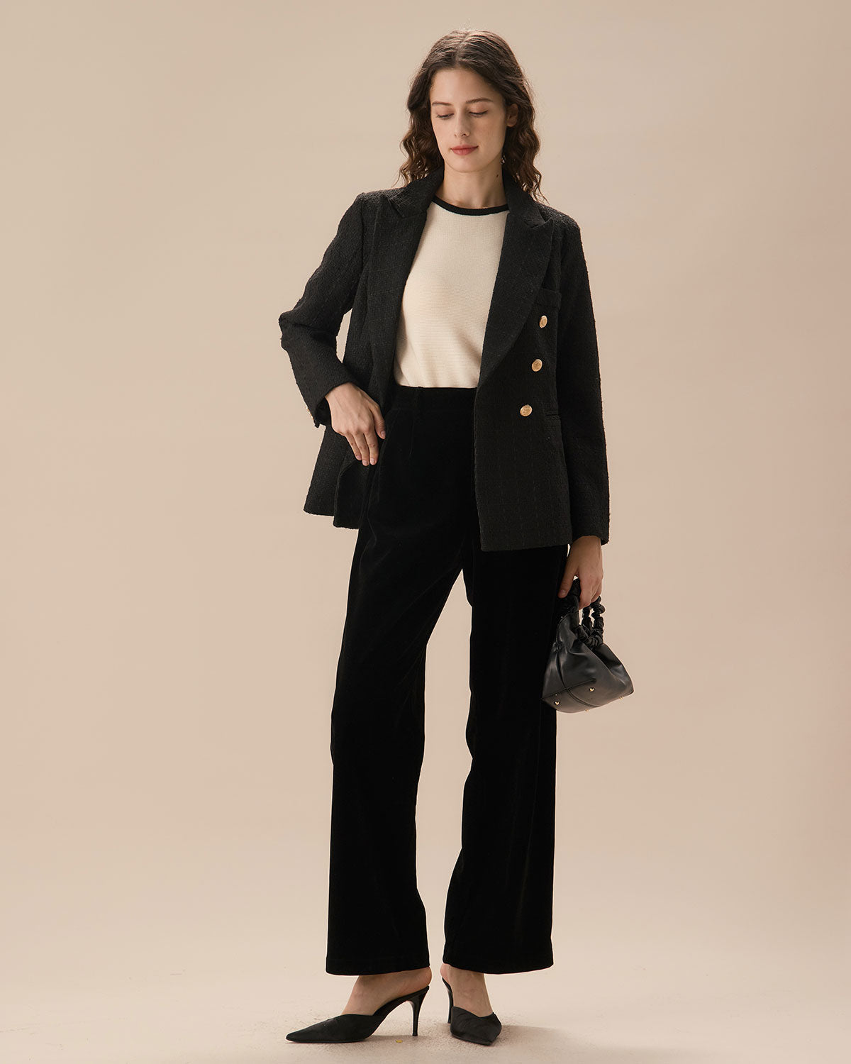 Pantalones Anchos Plisados de Cintura Alta Negros
