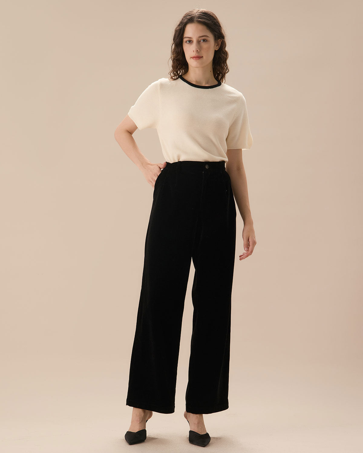 Pantalones Anchos Plisados de Cintura Alta Negros